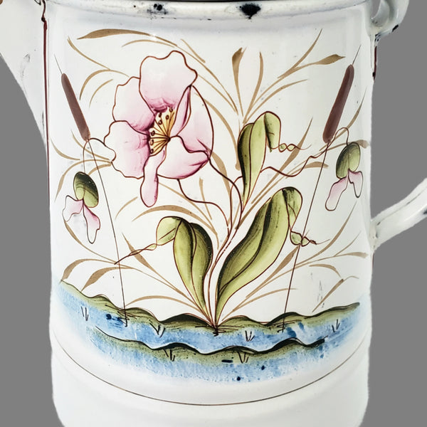 Vintage Small White Enamelware Coffee Pot Wetland Scene