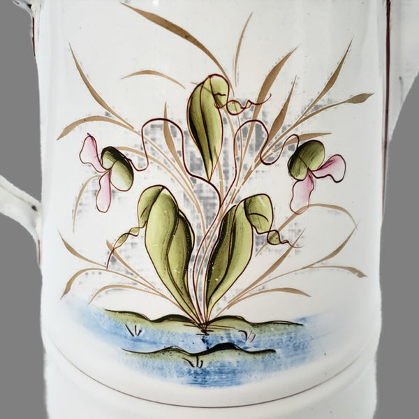 Vintage Small White Enamelware Coffee Pot Wetland Scene