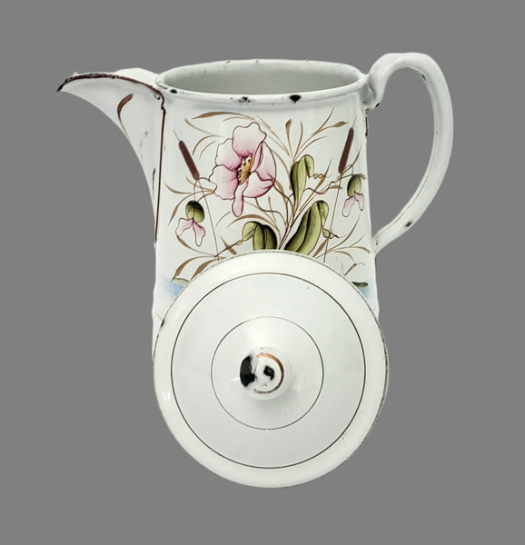 Vintage Small White Enamelware Coffee Pot Wetland Scene