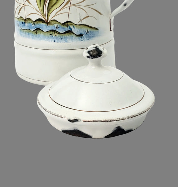 Vintage Small White Enamelware Coffee Pot Wetland Scene