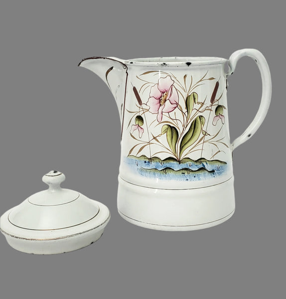 Vintage Small White Enamelware Coffee Pot Wetland Scene