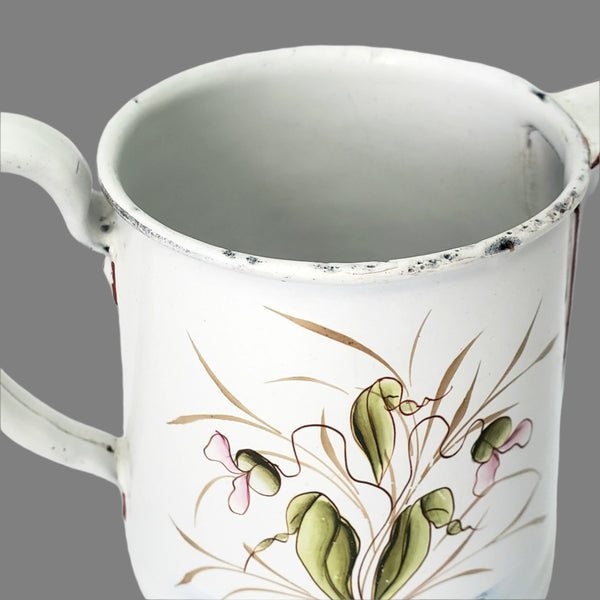 Vintage Small White Enamelware Coffee Pot Wetland Scene