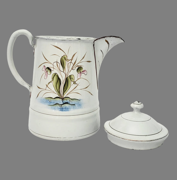 Vintage Small White Enamelware Coffee Pot Wetland Scene