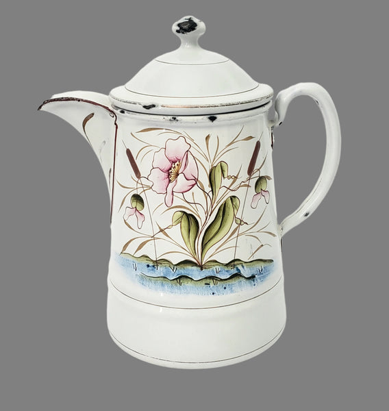Vintage Small White Enamelware Coffee Pot Wetland Scene