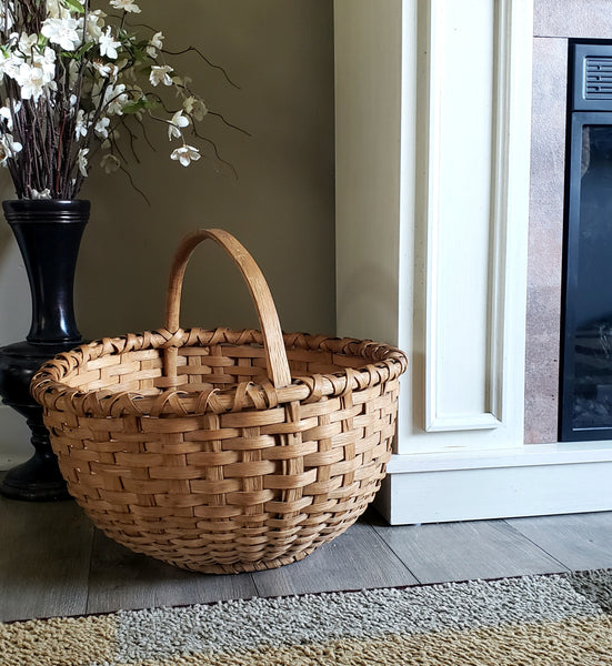 Vintage Woven Wooden Splint Gathering Basket with Handle