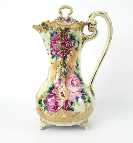 Antique Hand Painted Porcelain Chocolate Pot Vase Roses Moriage Decorated