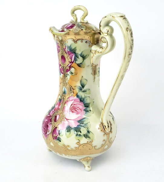Antique Hand Painted Porcelain Chocolate Pot Vase Roses Moriage Decorated