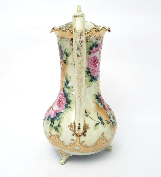 Antique Hand Painted Porcelain Chocolate Pot Vase Roses Moriage Decorated