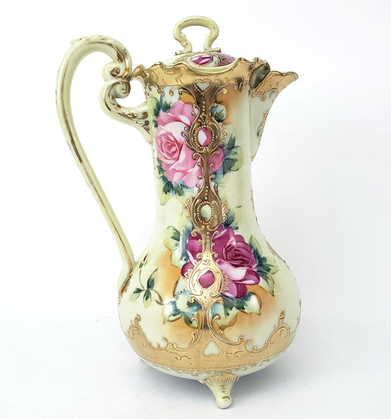 Antique Hand Painted Porcelain Chocolate Pot Vase Roses Moriage Decorated