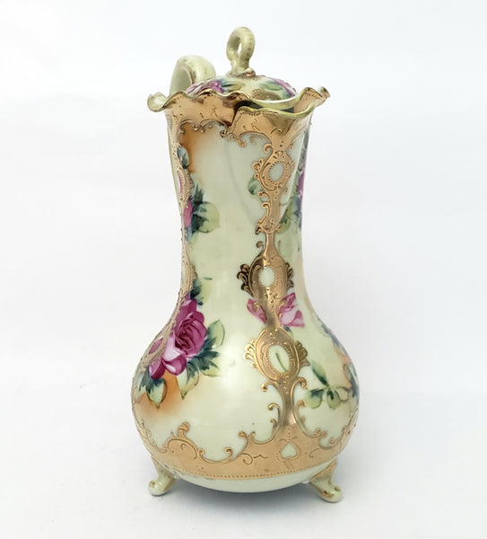 Antique Hand Painted Porcelain Chocolate Pot Vase Roses Moriage Decorated