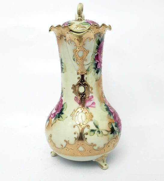 Antique Hand Painted Porcelain Chocolate Pot Vase Roses Moriage Decorated