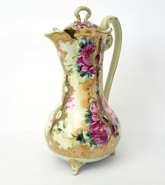 Antique Hand Painted Porcelain Chocolate Pot Vase Roses Moriage Decorated
