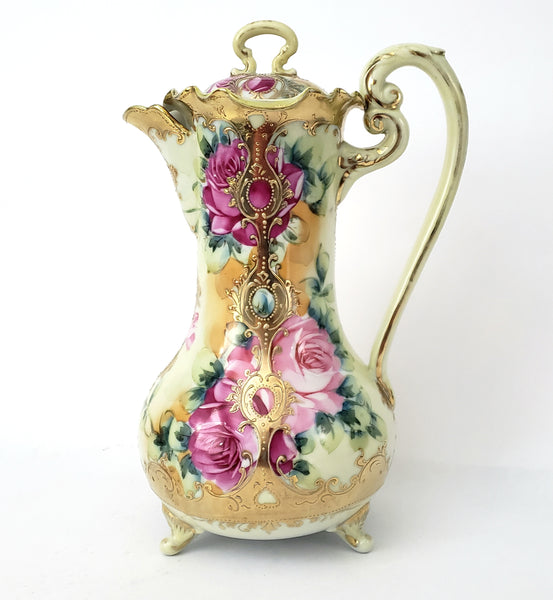 Antique Hand Painted Porcelain Chocolate Pot Vase Roses Moriage Decorated