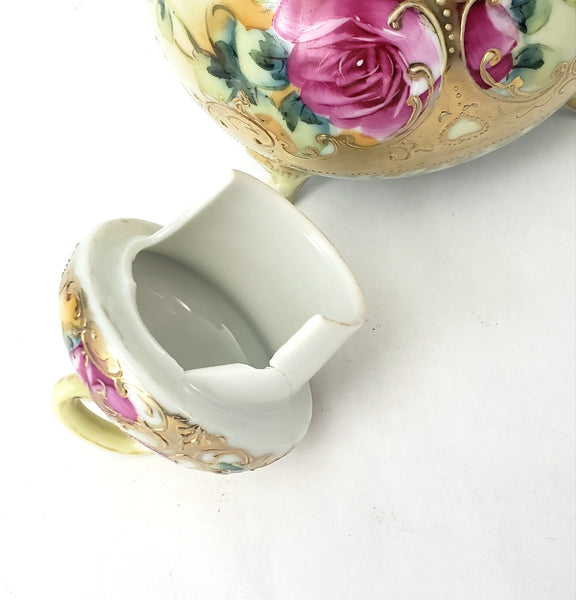 Antique Hand Painted Porcelain Chocolate Pot Vase Roses Moriage Decorated