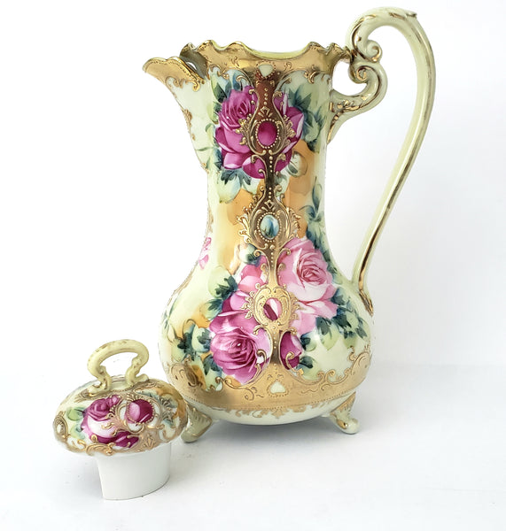 Antique Hand Painted Porcelain Chocolate Pot Vase Roses Moriage Decorated