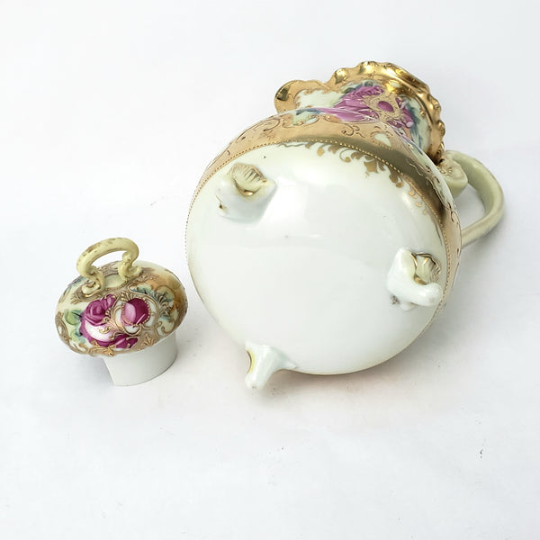 Antique Hand Painted Porcelain Chocolate Pot Vase Roses Moriage Decorated