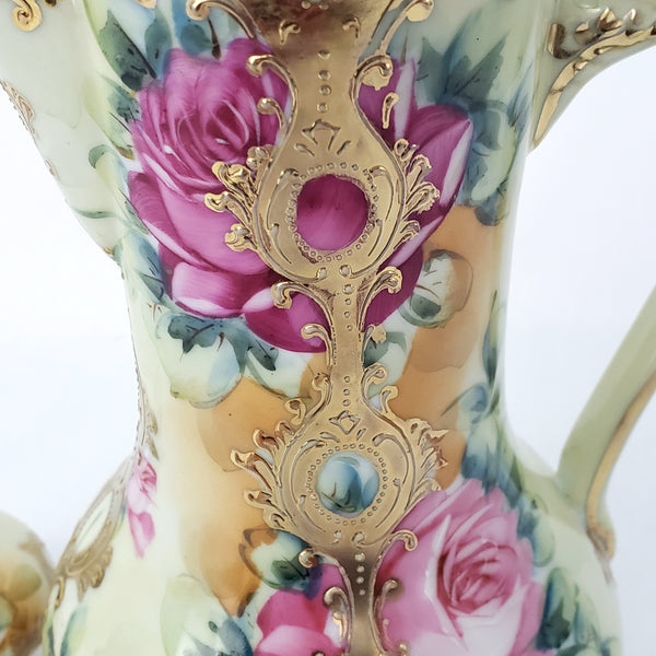 Antique Hand Painted Porcelain Chocolate Pot Vase Roses Moriage Decorated