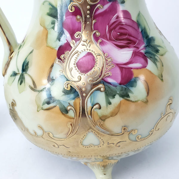 Antique Hand Painted Porcelain Chocolate Pot Vase Roses Moriage Decorated