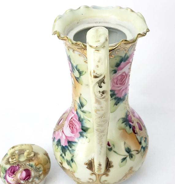 Antique Hand Painted Porcelain Chocolate Pot Vase Roses Moriage Decorated