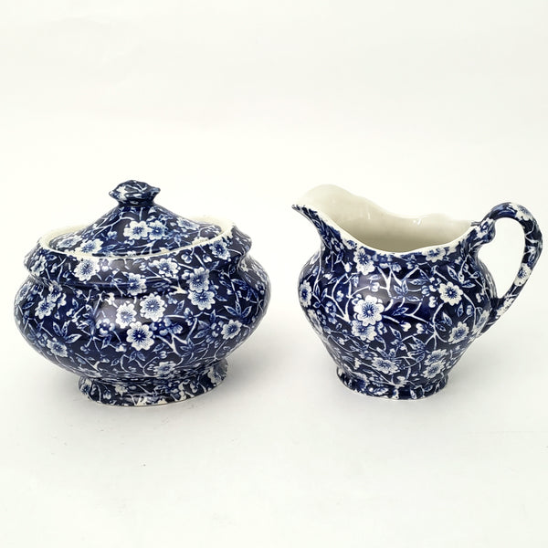 Vintage BLUE CALICO Sugar Bowl and Creamer Set Royal Crownford Staffordshire England