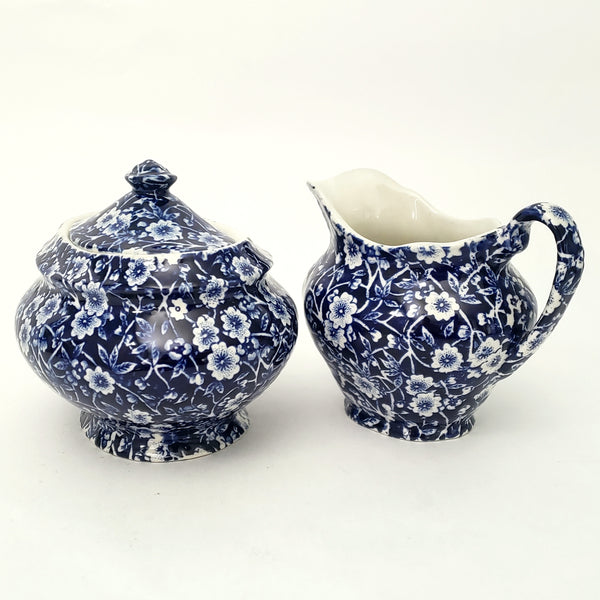 Vintage BLUE CALICO Sugar Bowl and Creamer Set Royal Crownford Staffordshire England