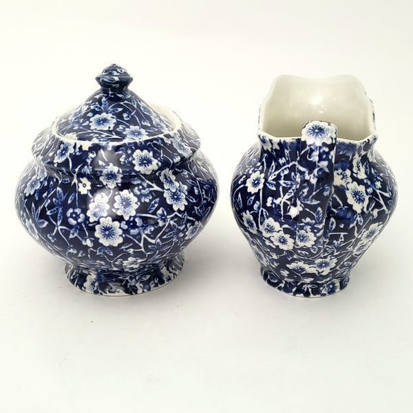 Vintage BLUE CALICO Sugar Bowl and Creamer Set Royal Crownford Staffordshire England