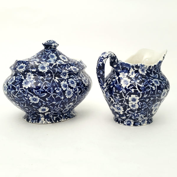 Vintage BLUE CALICO Sugar Bowl and Creamer Set Royal Crownford Staffordshire England