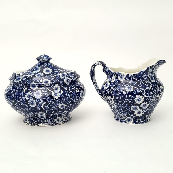 Vintage BLUE CALICO Sugar Bowl and Creamer Set Royal Crownford Staffordshire England