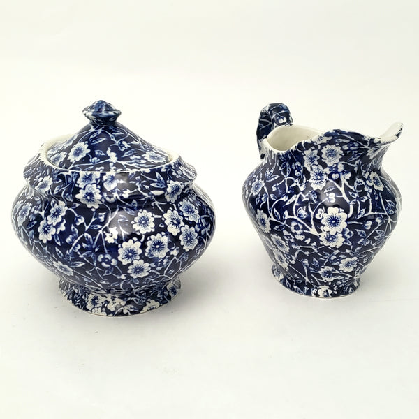 Vintage BLUE CALICO Sugar Bowl and Creamer Set Royal Crownford Staffordshire England