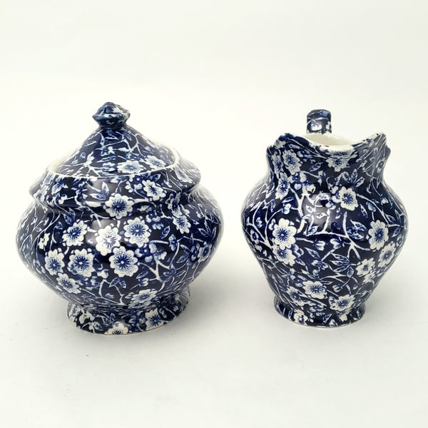 Vintage BLUE CALICO Sugar Bowl and Creamer Set Royal Crownford Staffordshire England