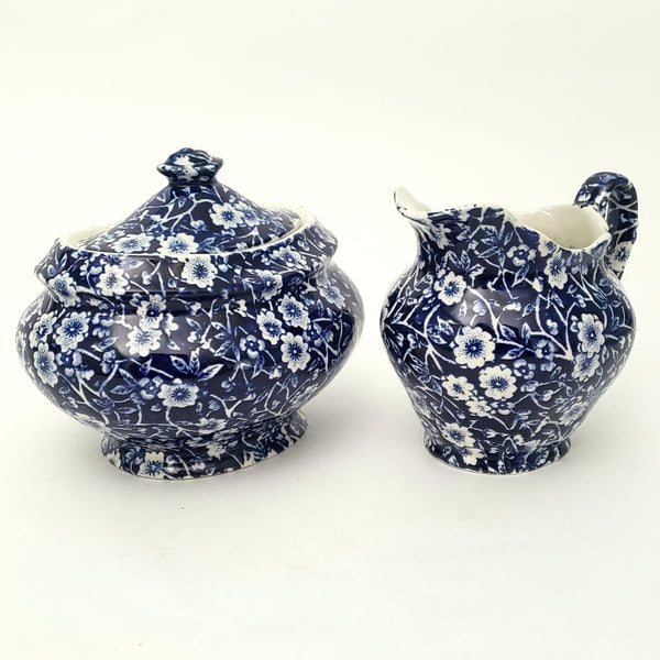 Vintage BLUE CALICO Sugar Bowl and Creamer Set Royal Crownford Staffordshire England