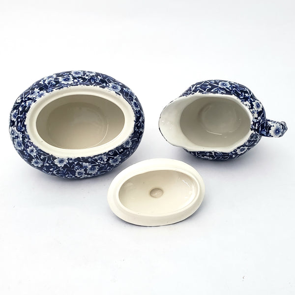 Vintage BLUE CALICO Sugar Bowl and Creamer Set Royal Crownford Staffordshire England