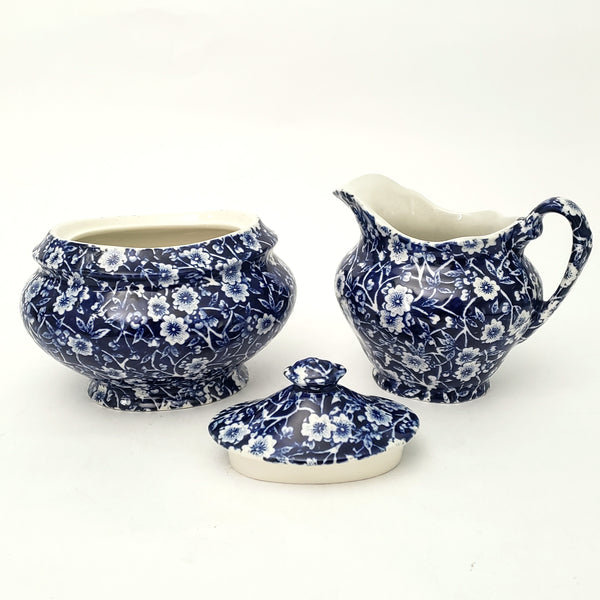 Vintage BLUE CALICO Sugar Bowl and Creamer Set Royal Crownford Staffordshire England
