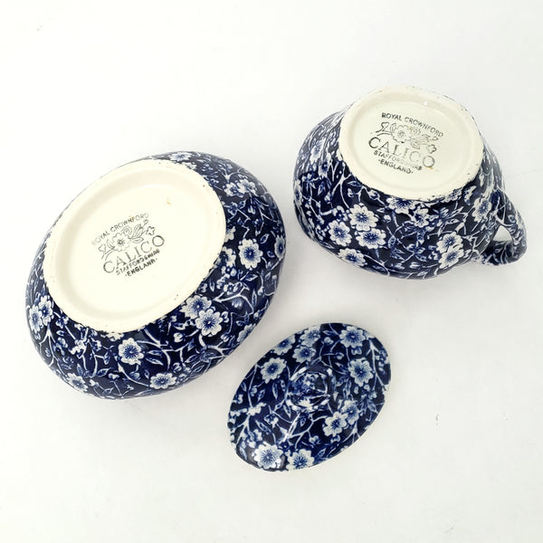 Vintage BLUE CALICO Sugar Bowl and Creamer Set Royal Crownford Staffordshire England