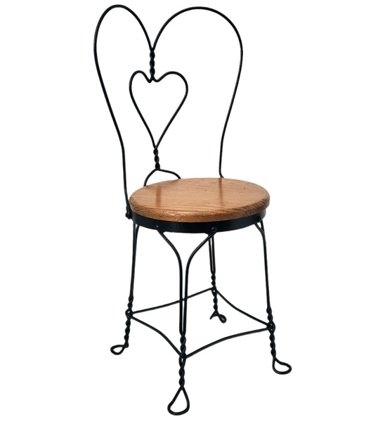 Vintage Black Childs Wrought Iron Ice Cream Parlor Chair Sweetheart Back Wooden Seat