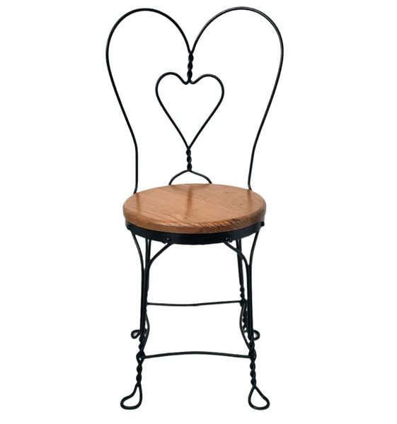 Vintage Black Childs Wrought Iron Ice Cream Parlor Chair Sweetheart Back Wooden Seat