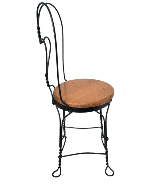 Vintage Black Childs Wrought Iron Ice Cream Parlor Chair Sweetheart Back Wooden Seat