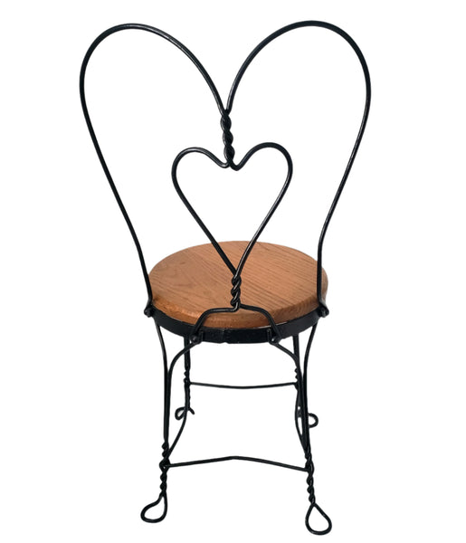 Vintage Black Childs Wrought Iron Ice Cream Parlor Chair Sweetheart Back Wooden Seat