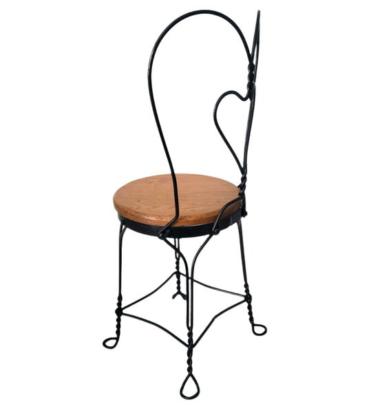 Vintage Black Childs Wrought Iron Ice Cream Parlor Chair Sweetheart Back Wooden Seat