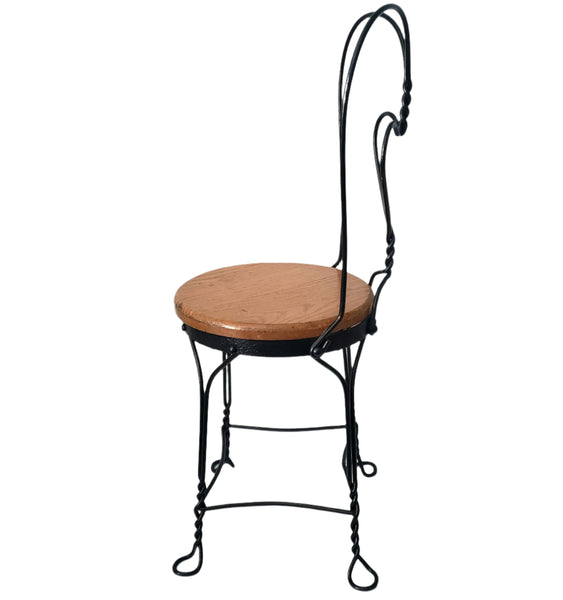 Vintage Black Childs Wrought Iron Ice Cream Parlor Chair Sweetheart Back Wooden Seat