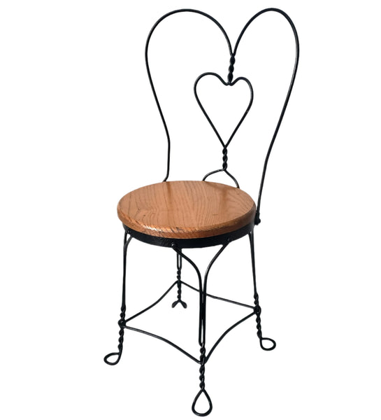 Vintage Black Childs Wrought Iron Ice Cream Parlor Chair Sweetheart Back Wooden Seat