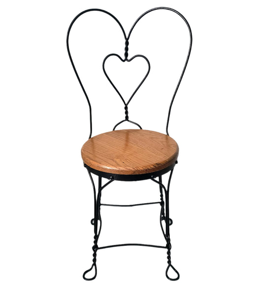 Vintage Black Childs Wrought Iron Ice Cream Parlor Chair Sweetheart Back Wooden Seat