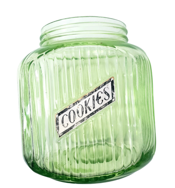 Vintage Green Depression Vaseline Glass Cookie Jar Ribbed No Lid