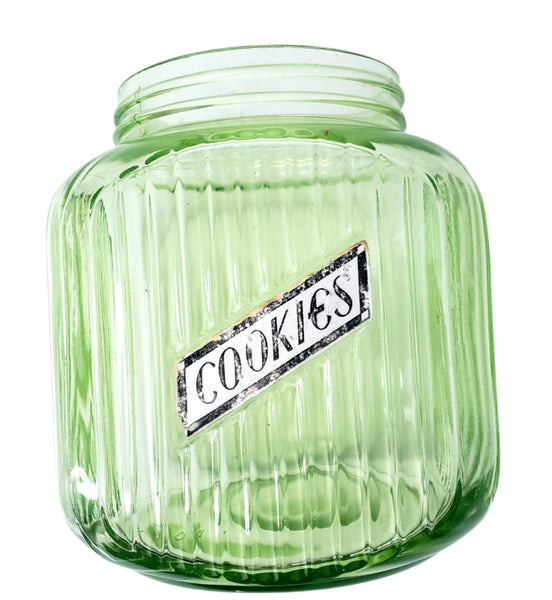 Vintage Green Depression Vaseline Glass Cookie Jar Ribbed No Lid