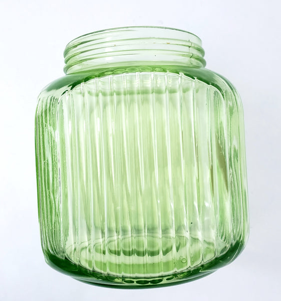 Vintage Green Depression Vaseline Glass Cookie Jar Ribbed No Lid
