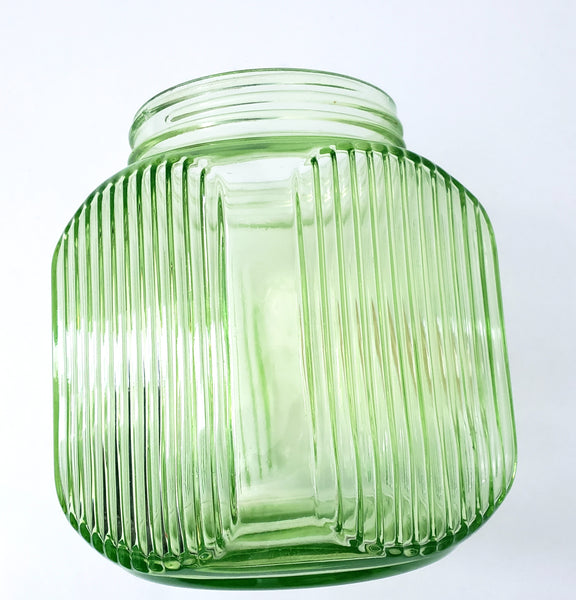 Vintage Green Depression Vaseline Glass Cookie Jar Ribbed No Lid