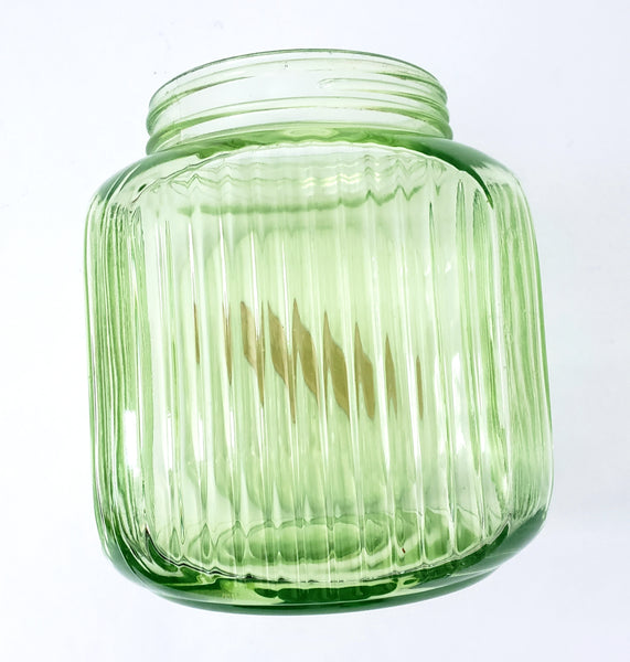 Vintage Green Depression Vaseline Glass Cookie Jar Ribbed No Lid