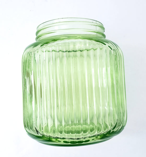 Vintage Green Depression Vaseline Glass Cookie Jar Ribbed No Lid