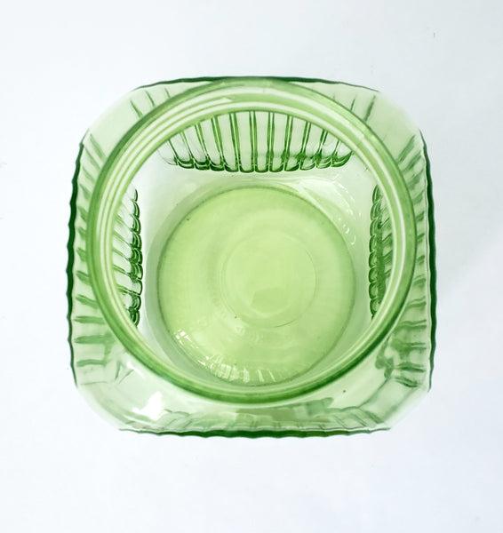 Vintage Green Depression Vaseline Glass Cookie Jar Ribbed No Lid