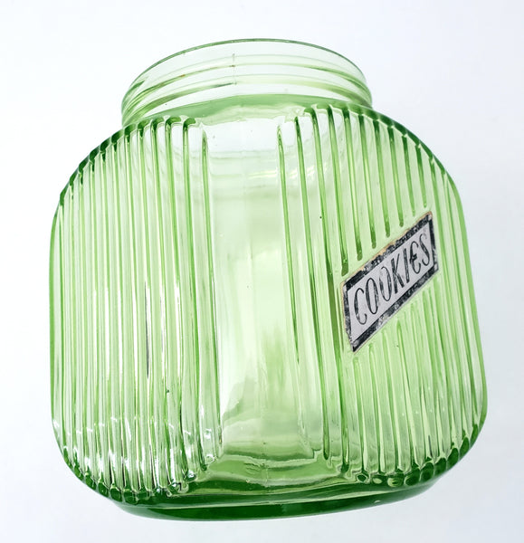 Vintage Green Depression Vaseline Glass Cookie Jar Ribbed No Lid